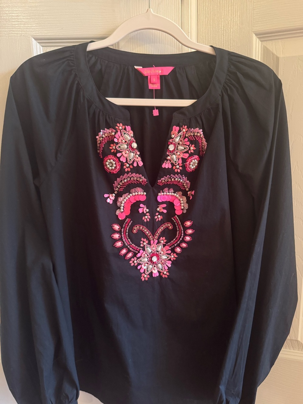 Lilly Pulitzer embellished Black Women's Long-Sleeve Top with Pink Beaded Detail